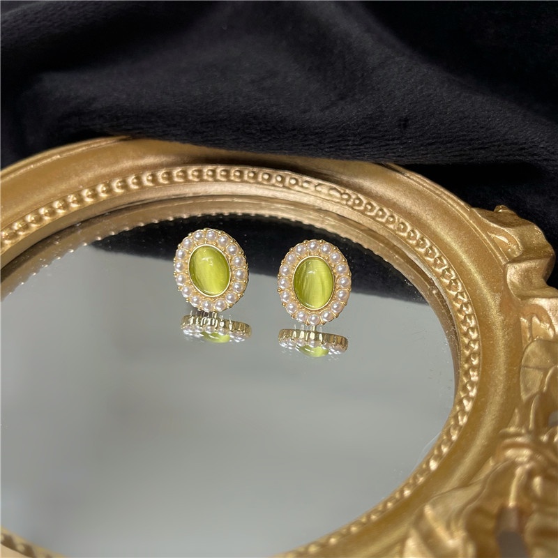 Perak925 Lapis Perak Hijau Opal Mutiara Ear Studs Earrings Perhiasan Aksesori