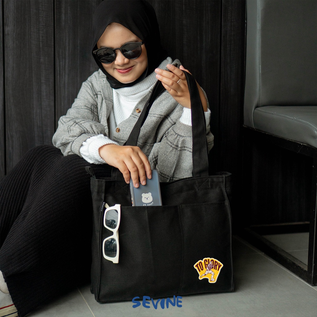 Sevine Totebag Kanvas Rebecca Tas Wanita Tote Bag Kuliah Sekolah Sekat Laptop Hitam Elegan Aesthetic - WS