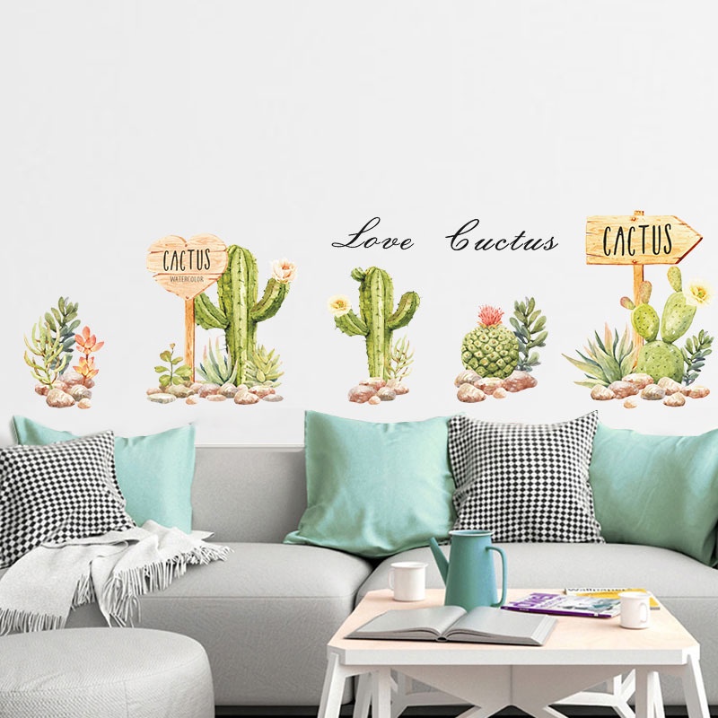 Nordic Hijau Tanaman Kaktus Batu Stiker Dinding Hijau Kreatif Dekorasi Ruang Tamu Rumah Wallpaper Perekat Diri