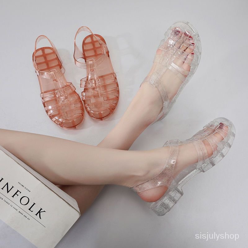 [✅BISA COD] #Sisjuly# Sandal baru wanita musim panas datar bawah tumit rendah sepatu kristal transpa