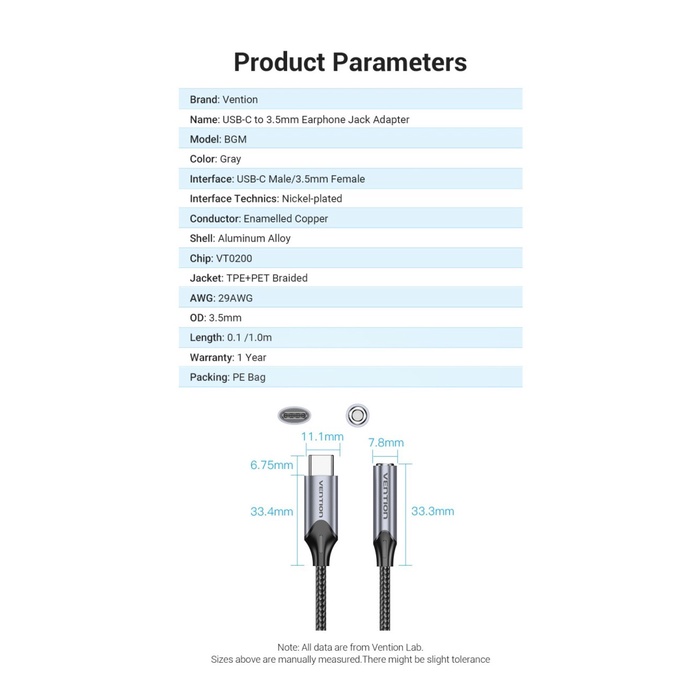 Adapter Vention Type C to Jack Aux TRRS 10Cm Female Gray BGMHA