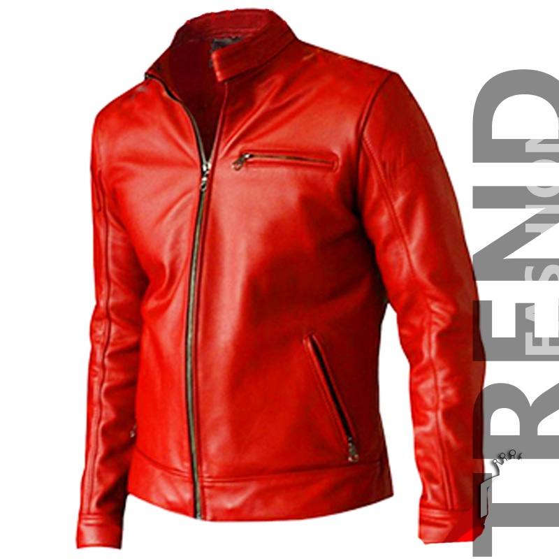 Jaket Pria Merah Keren PU Leather / Jaket Motor Merah Kulit Sintetis