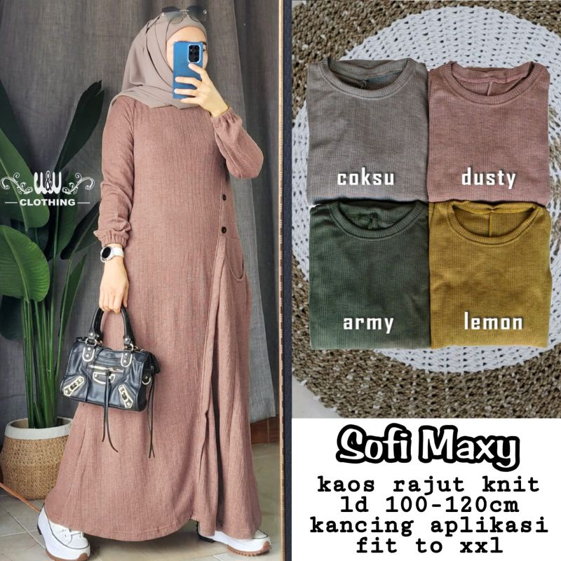 Pakaian Gamis wanita cantik hijab kekinian terbaru Sofi Maxy By w&w kaos knit rajut Ld 100-120