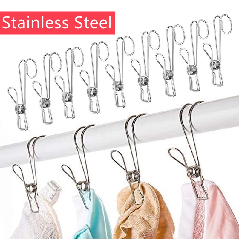 Pasak Baju Stainless Steel Dengan Kait Handuk Kamar Mandi Klip Ekor Panjang Serbaguna Laundry Socks Organizer Hooks Jepitan