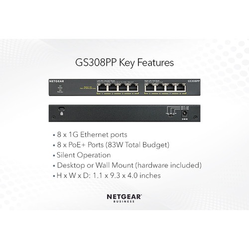 Netgear GS308PP 8 Port Gigabit Ethernet SOHO PoE+ Unmanaged Switch W