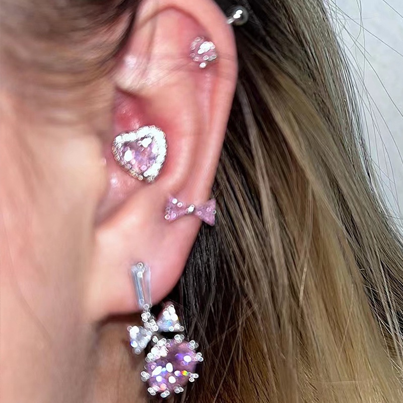 Anting Tusuk Model Rumbai Tulang Telinga Zircon Heart Bow Knot Pink Manis Untuk Wanita