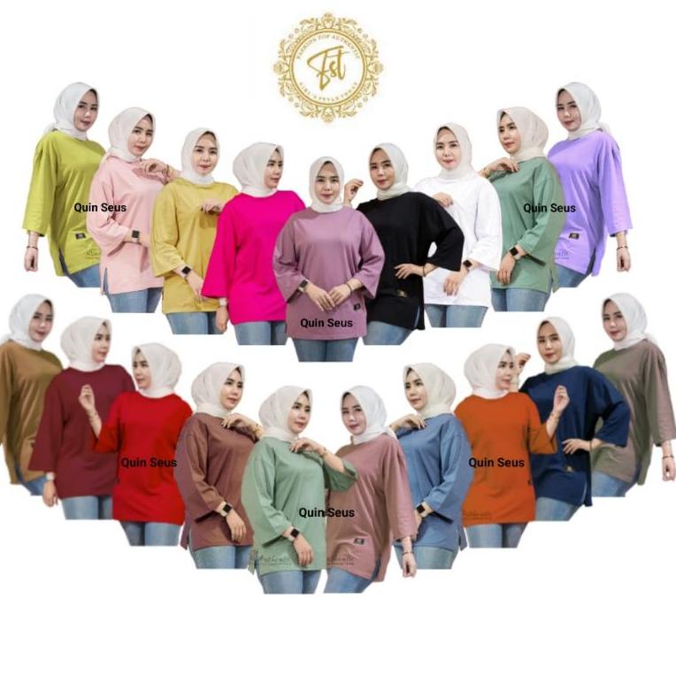 SALE [TERLARIS] KAOS WANITA OVERSIZE JUMBO ATASAN KAOS LENGAN 7/8 TERBARU MOTIF POLOS BLOUSE HIJAB S