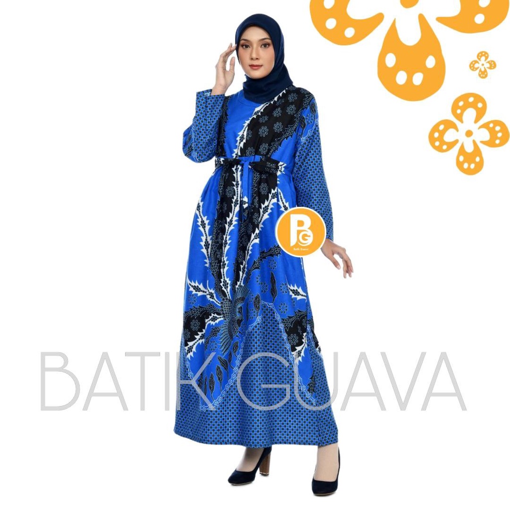 TERBARU - Gamis Batik Maxi Busui - Gamis Batik Modern Allsize LD 110 Tebal - Gamis Batik kekinian Motif MURAI BIRU