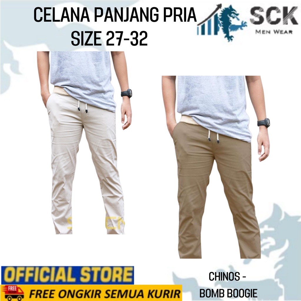 Celana Panjang Chinos BOMB BOOGIE Ukuran 27-32 Aneka Warna Pinggang Karet Tali - sckmenwear GROSIR