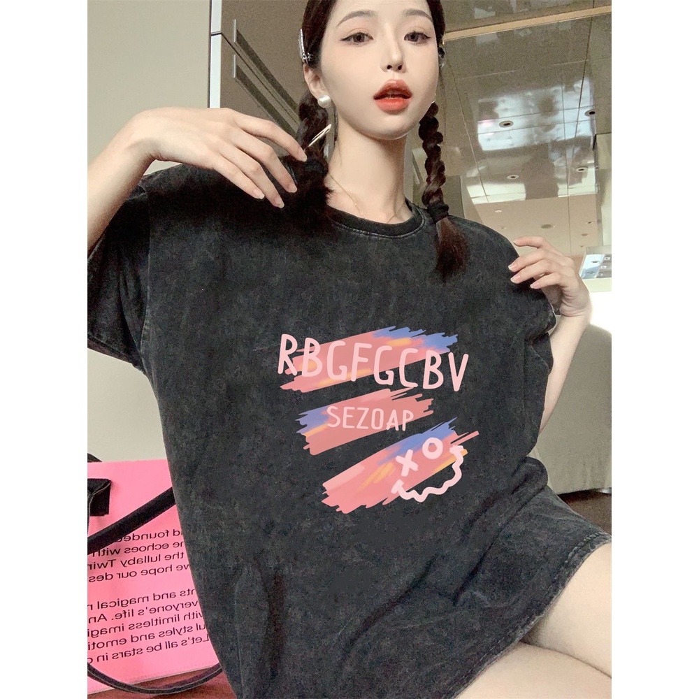 XIAOZHAINV Korean Style Letter Graffiti Pattern Washed Printing Kaos Wanita