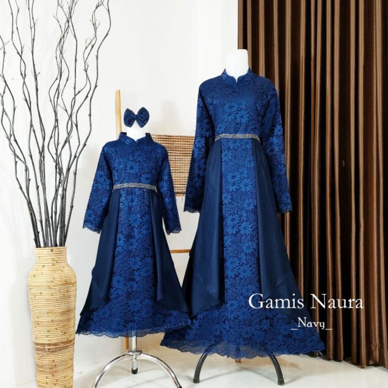 Gamis naura navy/gamis brokat mewah/gamis couple ibu dan anak/gamis couple mom kid/gamis lebaran terbaru/gamis lebaran keluarga