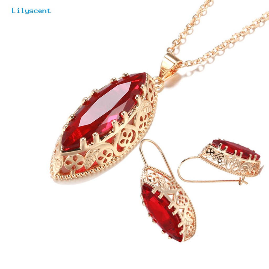 [LS] 1set Kalung Anting Set Vintage Elegan Hollow Oval Liontin Adjustable Bright Luster Hias Hadiah Pengantin Wanita Batu Permata Imitasi Menjuntai Kalung Anting Set Untuk Pesta