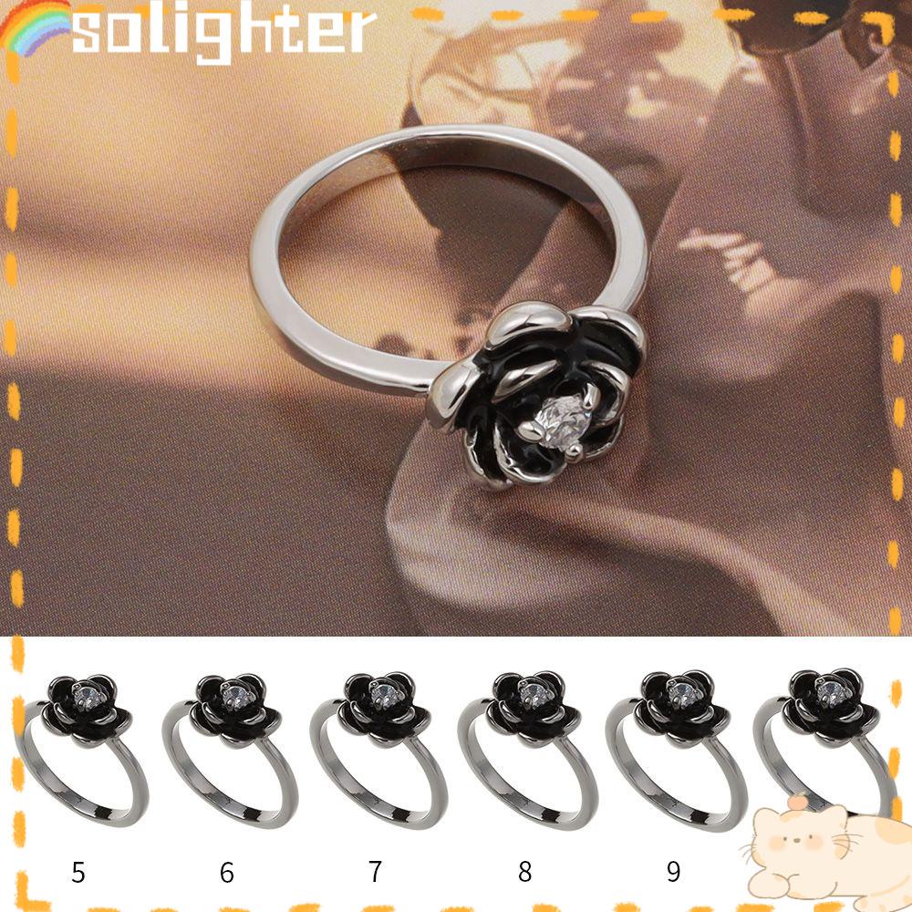 Solighter Cincin Hitam Aksesoris Perhiasan Bentuk Bunga Fashion Jewelry