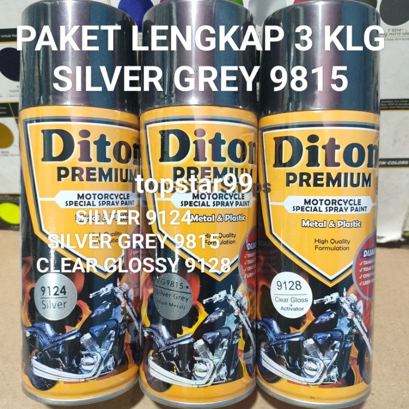 Diton Premium Paket Lengkap 3 Kaleng 400cc Silver Grey 9815 Silver 9124 Clear Glossy 9128 Pilox Pilok Cat Semprot Spray Paint