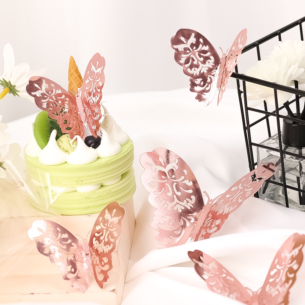 12pcs/set Butterfly Cake Topper 3D Gold Hollow Simulasi Butterfly Untuk Dekorasi Kue Pesta Ulang Tahun Baby Shower Pernikahan