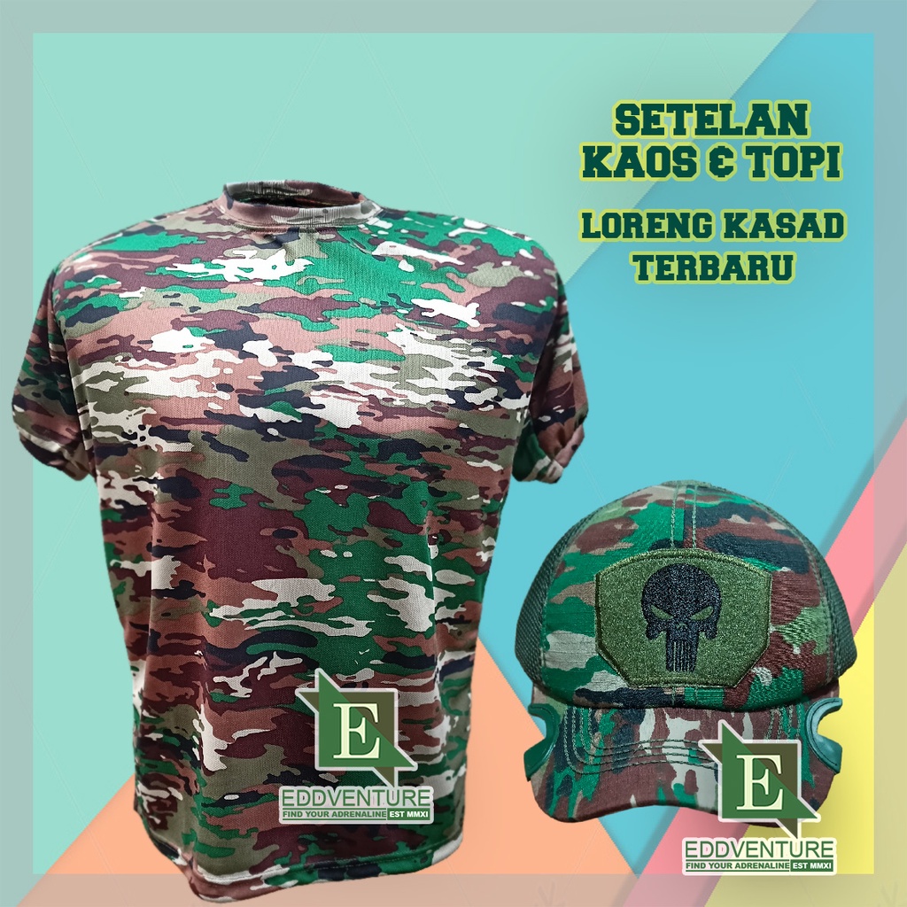 Satu Set Setelan Baju Kaos Lengan Pendek Topi Kasad TNI AD TAD Terbaru Punisher Skull Komando Balotelli Ripstop Dryfit Dry Fit Pria Wanita