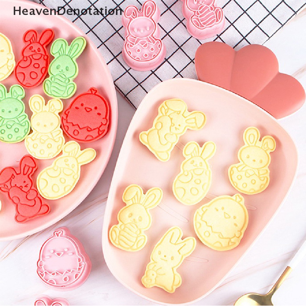 [HeavenDenotation] 6pcs Cetakan Biskuit Kelinci Paskah Plastik Bunny Egg Cookie Cutter Stamp Embosser HDV