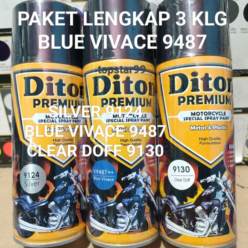 Diton Premium Paket Lengkap 3 Kaleng 400cc Biru Doff Dop Blue Vivace 9487 Silver 9124 Clear Doff 9130 Pilox Pilok Cat Semprot Spray Paint