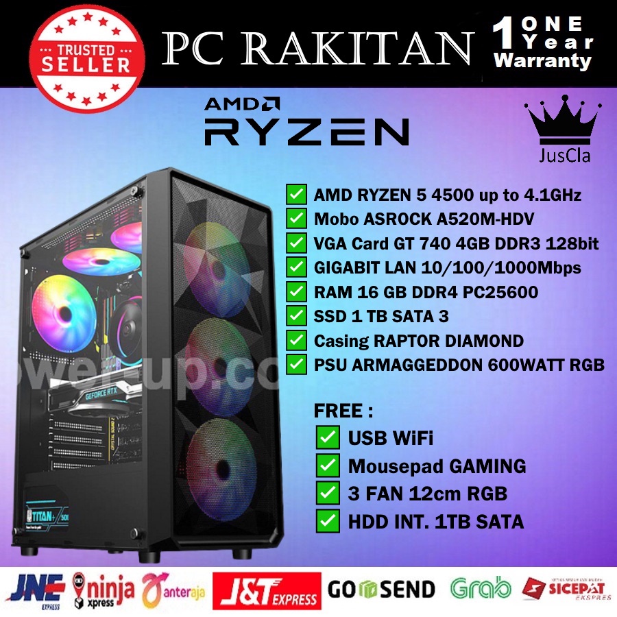 PC KOMPUTER AMD RYZEN 5 4500 4,1GHz|RAM 16GB|VGA GT 740 4GB|SSD 1 TB SATA|HDD 1TB|USB WIFI