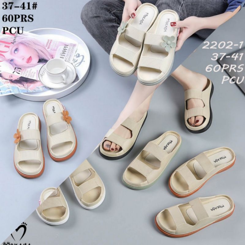 2202 Sepatu Sandal Mokaya Selop Wanita Ban 2 Polos &amp; Flower Karet Platform Import Sendal Wedges Slop Jelly Cewek Perempuan Kerut Dua Tebal Empuk Simple Casual Keren Trendy Cakep Viral Kekinian Terbaru Impor 2202-1 2202-2 2202-311 (029-028 &amp; 029-0281)