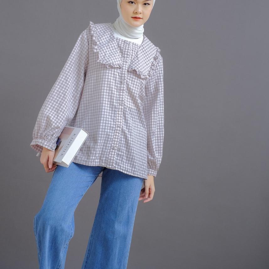 ◘ Mayoutfit Deian Blouse | Kemeja Katun Kerah Ruffle Motif Kotak ✬