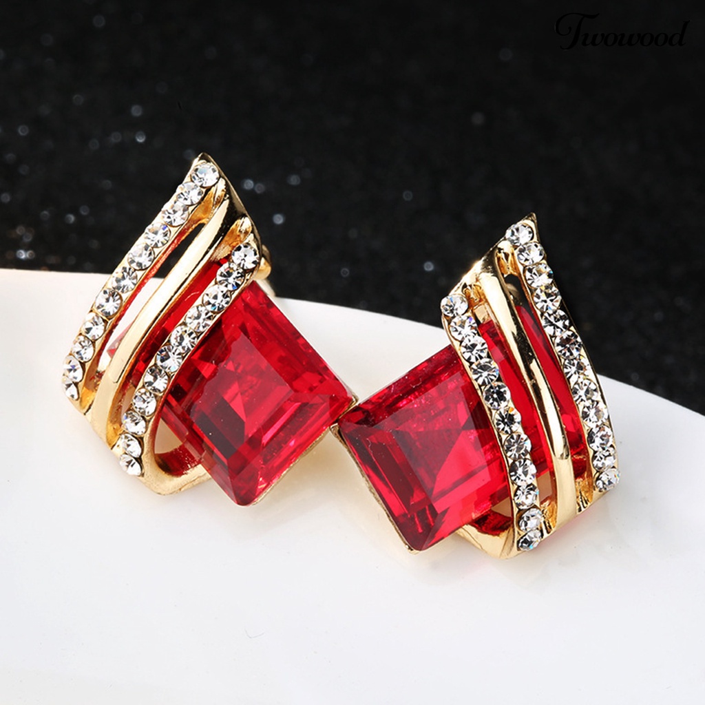 Twowood 1pasang Ear Studs Rhinestone Geometric Electroplating Luxury High Gloss Hiasan Telinga Perhiasan Kristal Imitasi Engagement Earrings Hadiah Anniversary