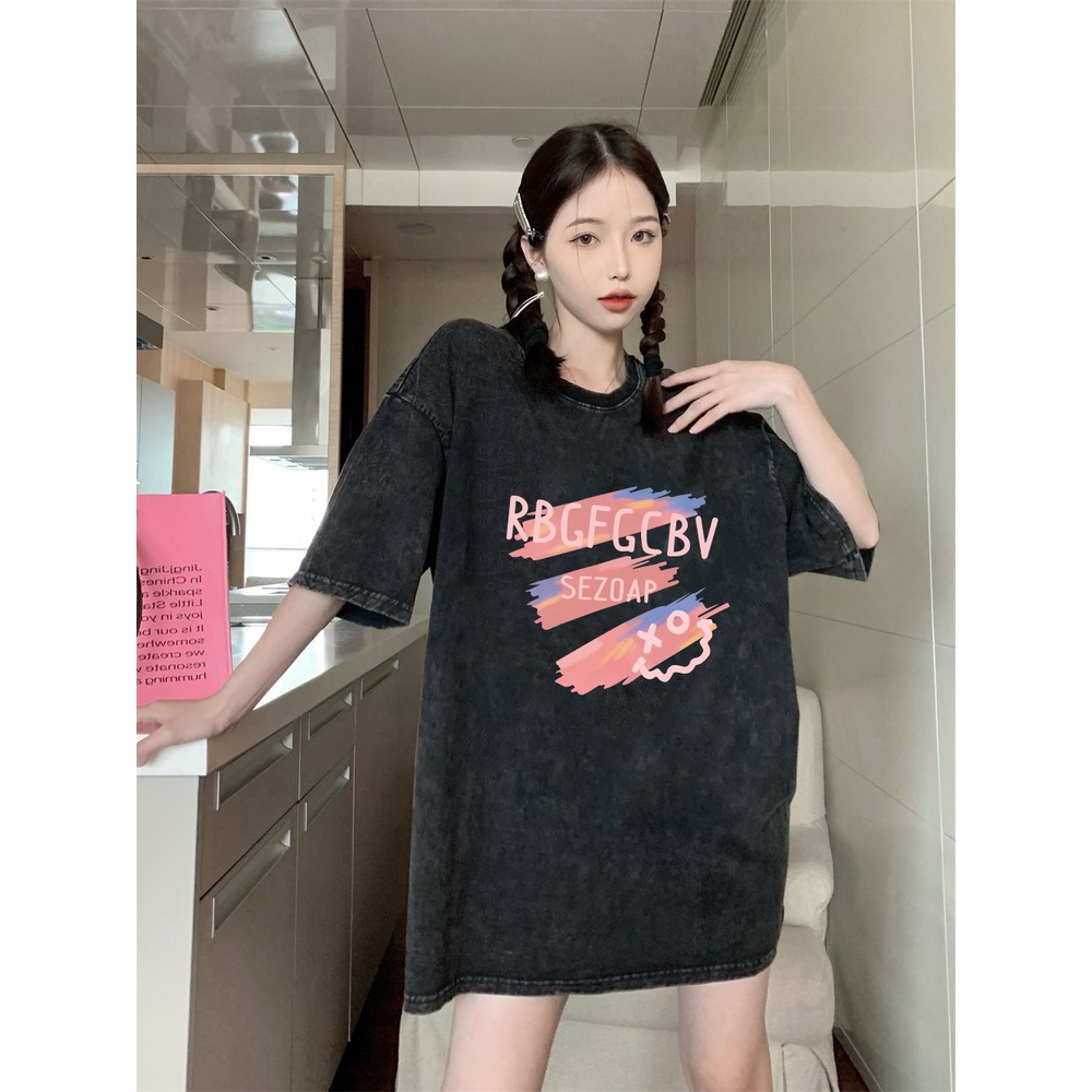 XIAOZHAINV Korean Style Letter Graffiti Pattern Washed Printing Kaos Wanita