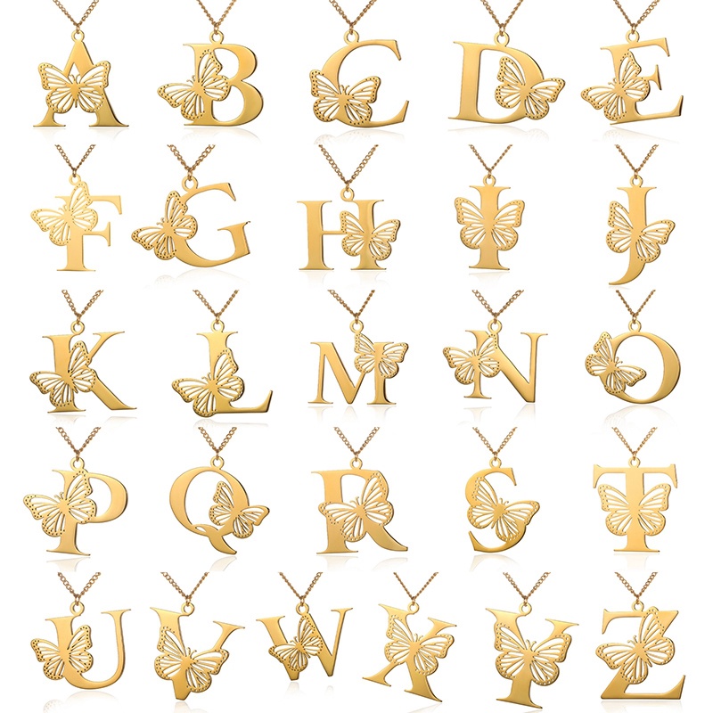 Kalung Huruf Kupu-Kupu Besar Dainty Warna Emas Untuk Wanita Gadis Perhiasan Rantai Stainless Steel Kalung Liontin Inisial