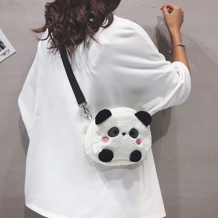 Tas Wanita Tas Selempang Wanita Boneka Panda Tas bulu selempang bahu boneka kepala Panda