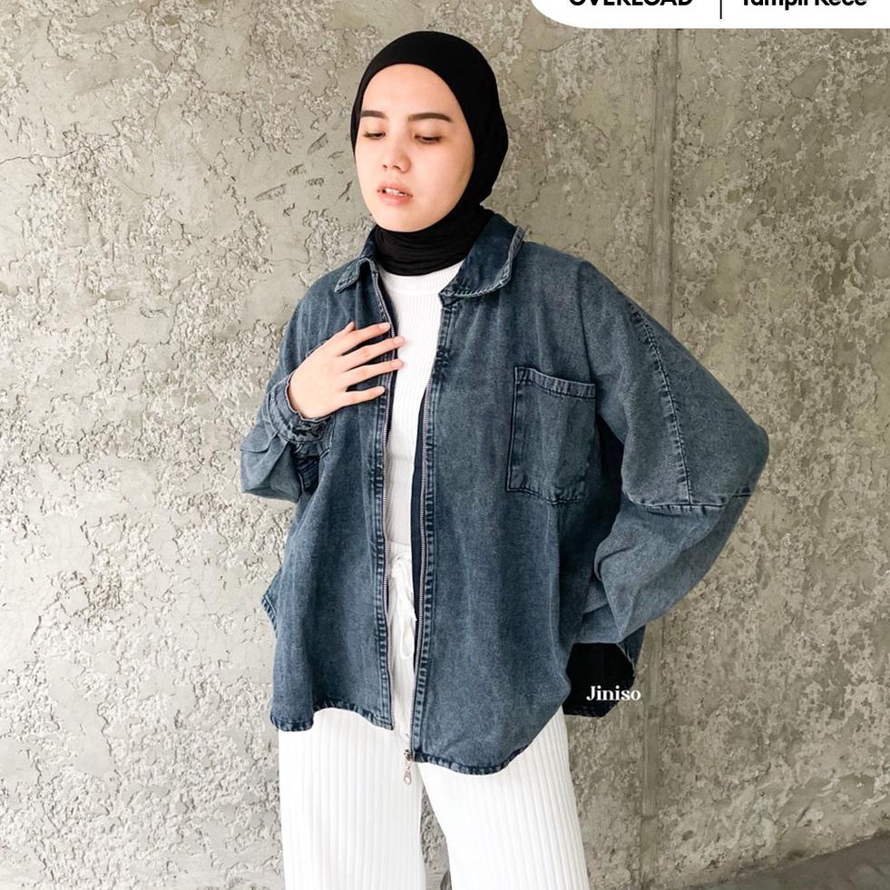 TERMURAH S33 JINISO Fuji Jaket Jeans Oversize Zip Black Acid →