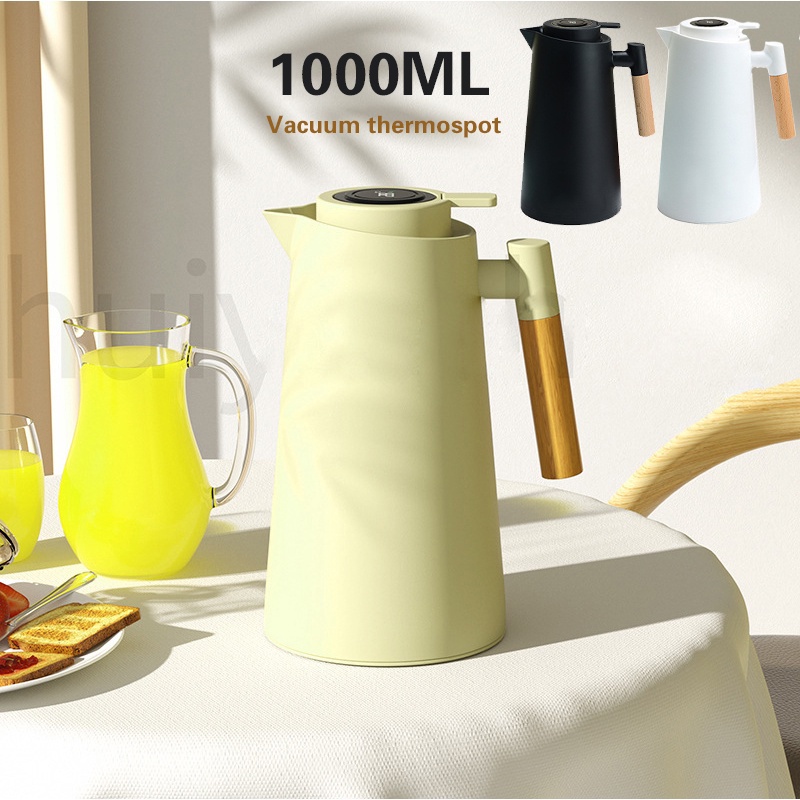 Coffee Pot Botol Termos Kaca Vakum / Jug Insulasi Scandinavian Dengan Gagang Kayu Panci Termos Tampilan Digital Cerdas 1L