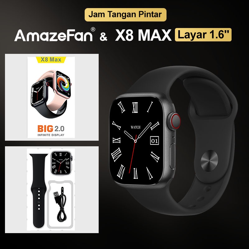 AmazeFan 2.0 inch Smartwatch jam tangan  Layar Penuh smartwatch  wanita pria  Layar Sentuh Android/IOS anti air Health SpO2 Pemantauan tidur，Mode olahragaMusik，Bluetooth，Asisten Suara Pintar，Pemotretan foto，Peringatan penelepon，Pengisi daya magnetik