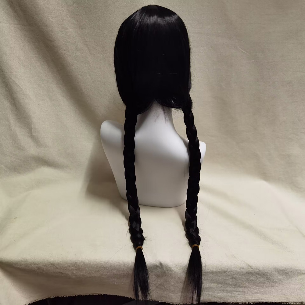 Film Rabu Addams Cosplay Wig Addams Keluarga Cosplay Gadis Wig Panjang Kepang Hitam Tahan Rambut Wig Sintetis