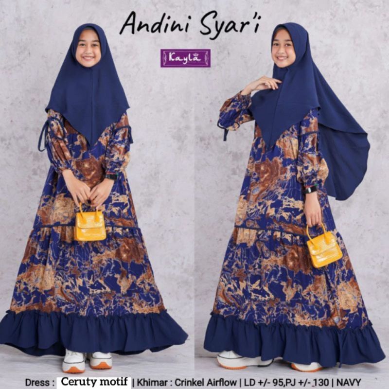 Andini Syari/gamis ceruty/gamis remaja/gamis anak usia 9 10 11 12 13 14 tahun/baju muslim anak/gamis