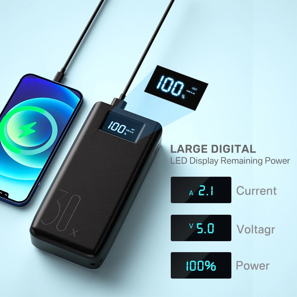 PowerBank 30000mah  Dual Input Port Type C &amp; Micro USB 3 Output Original Fast Charging Real Capacity LED Indicator