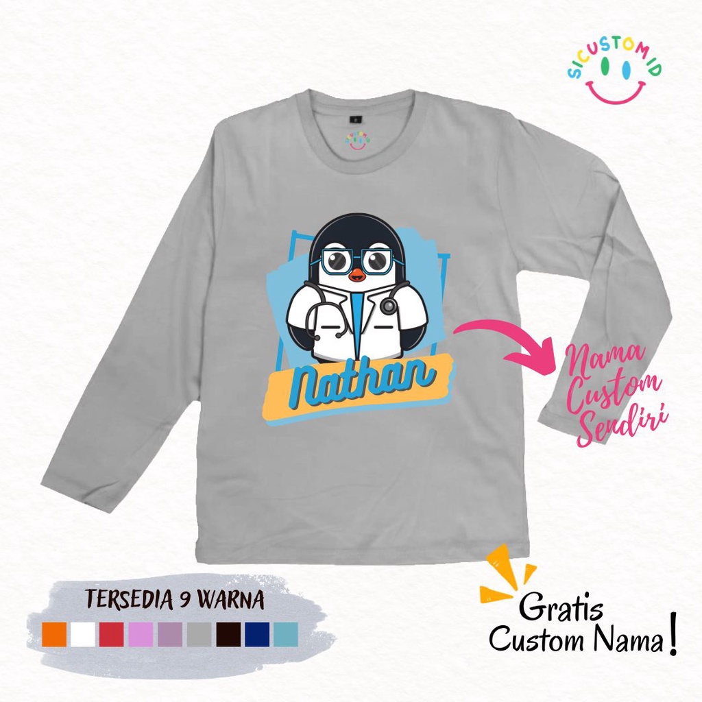 TERLARIS BAJU KAOS ANAK TANGAN PANJANG PENGUIN DOKTER GRATIS CUSTOM NAMA / TULISAN KARTUN PROFESI / PEKERJAAN