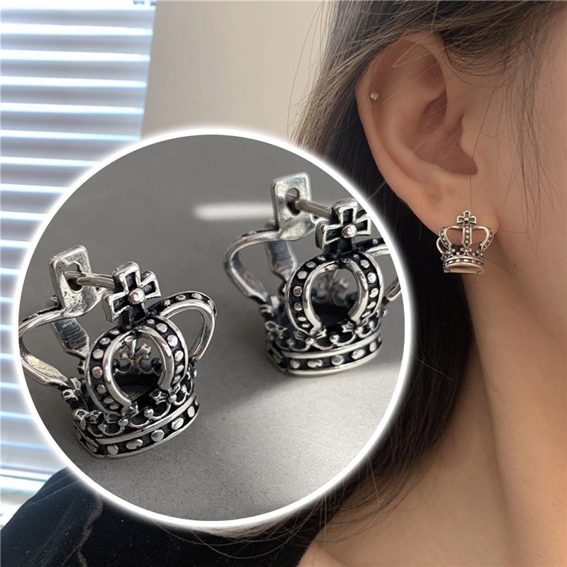 Vintage925 Sterling Silver Salib Berongga Mahkota Hoop Stud Earrings Gesper Untuk Wanita Lucu Perhiasan Halus