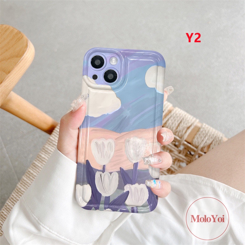 IPHONE Shockproof Airbag Fresh Art Flower Tulips Case Kompatibel Untuk Iphone14 11 13 12 Pro MAX 7Plus XR 6 6S 8P Plus X XS MAX Lukisan Cat Minyak Bunga Lembut TPU Silicon Clear Phone Back Cover