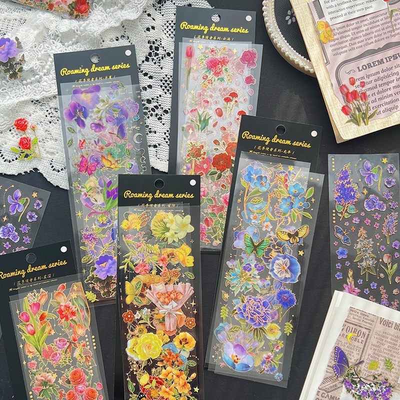 3pcs / set Flower Series Waterproof PVC 3D Gilding Diy Photo Frame Phone Case Stationery Decorative Stickers