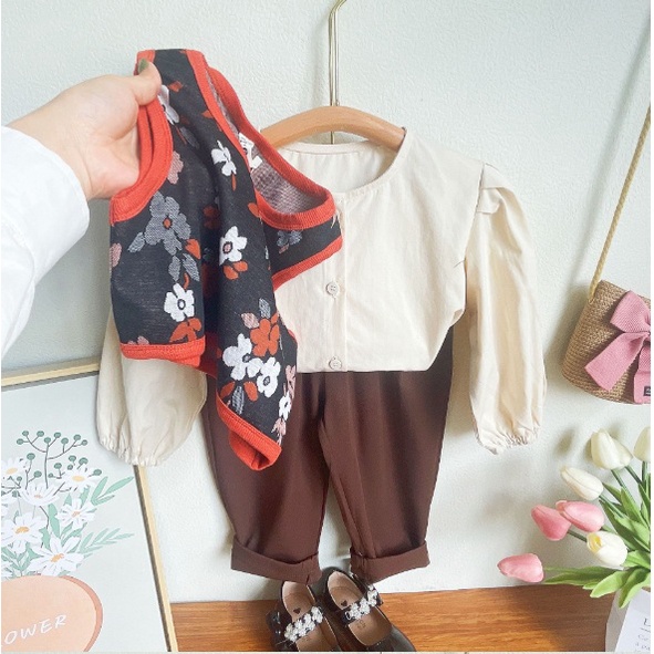SETELAN 3IN1 ANAK CEWEK MODEL ROMPI OREN FLORET PANTS SIZE 100-140