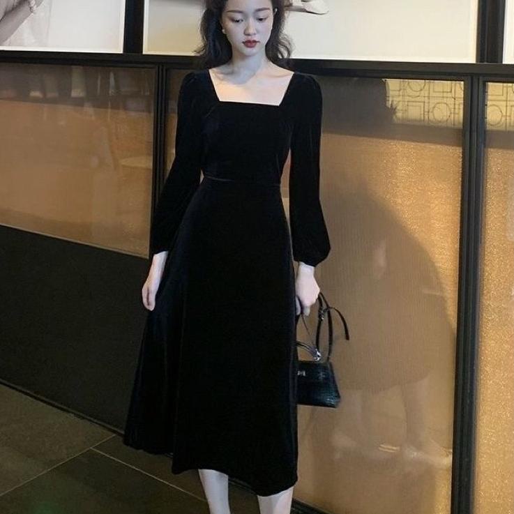 ✔ Long dress / korean midi dress square neck lengan panjang velvet D11 (2137)
