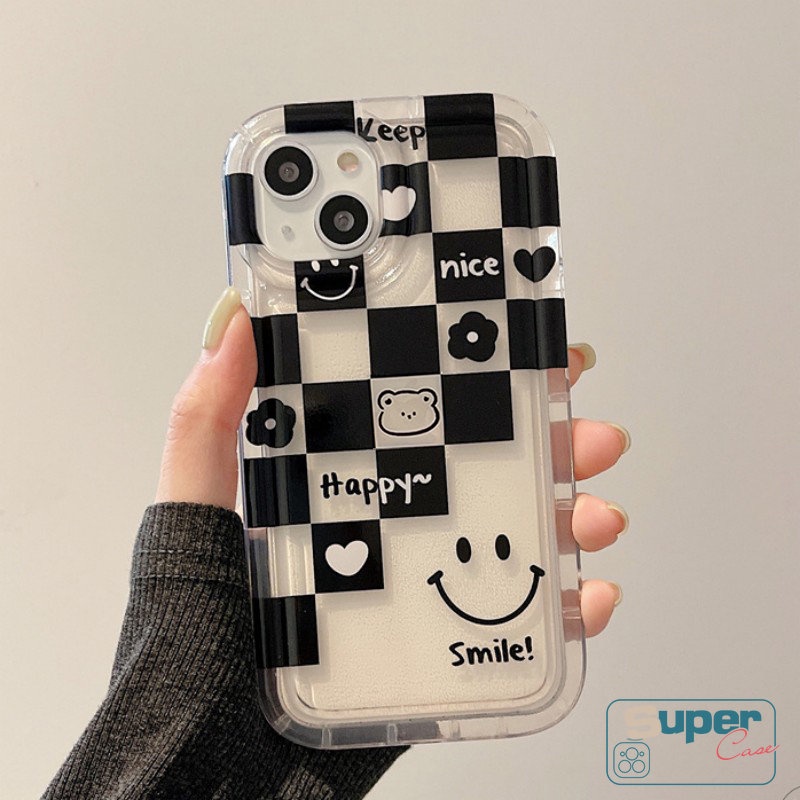 Pasangan Case Kompatibel Untuk IPhone XR 11 7 8 Plus 13 14 12 Pro MAX 6 6S Plus X XS MAX Ins Kotak-Kotak Happy Lucky Smiley Cute Bear Love Heart Flowers Shockproof Airbag Soft Cover