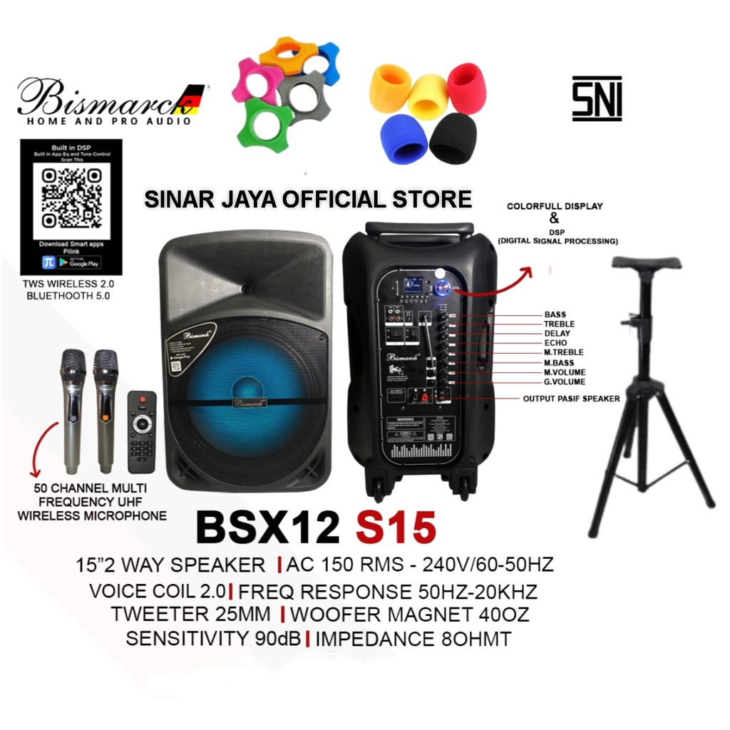 SPEAKER PORTABLE+STAND 15 INCH BISMARCK BSX12-W15 USB BLUETOOTH