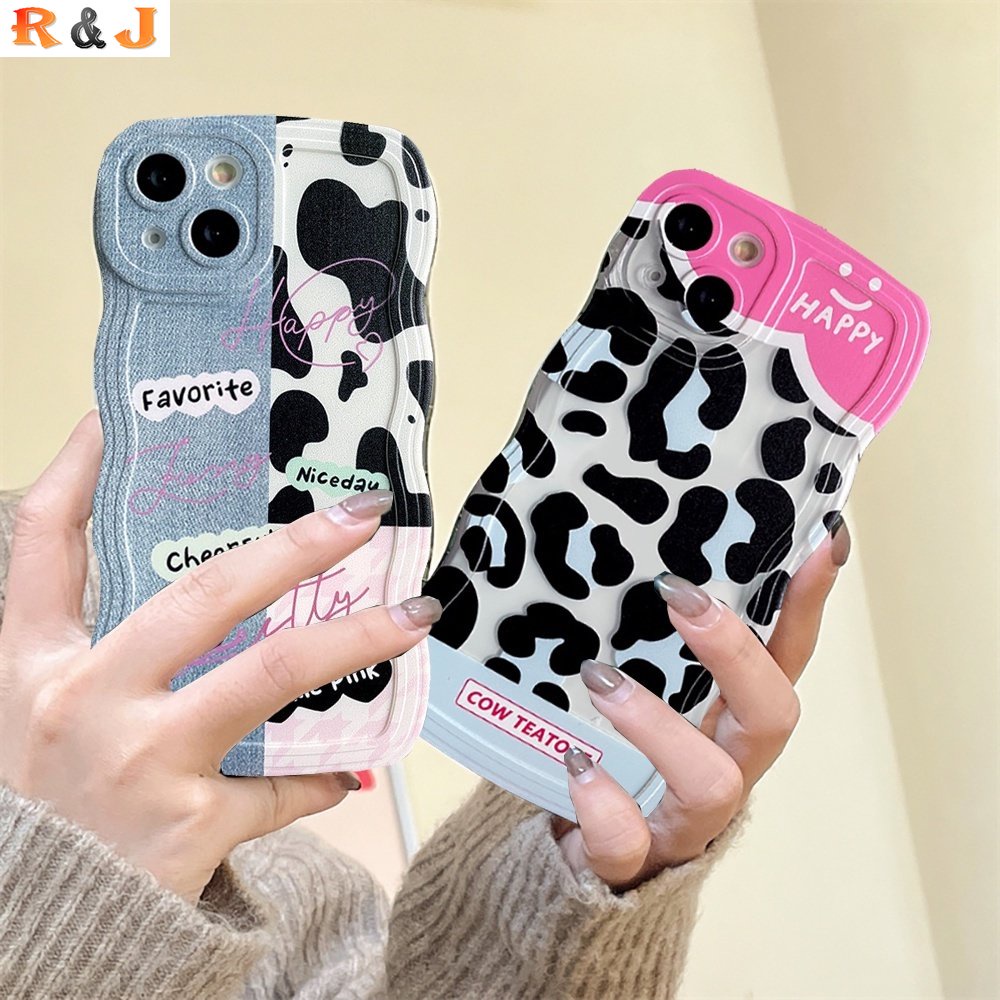 Trend Case OPPO A17k A17 A77S A57 A16 A16K A16E A55 A95 A96 A94 A76 A12 A5s A15 A54 A7 A53 A3s A31 A52 A92 F9 F11 Reno5 Wavy Edge Denim Patch Happy Leopard Print Soft Couple Case