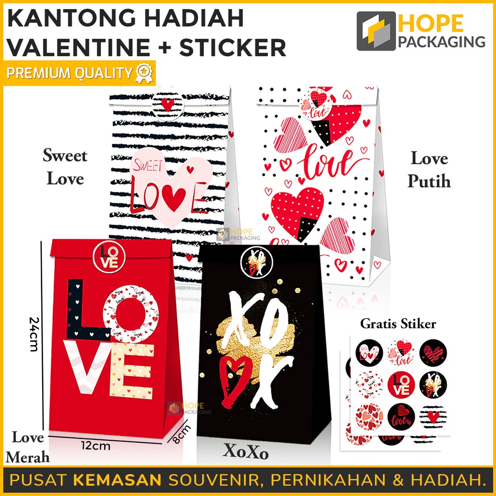 

[Harga / 5 Pcs] Kantong Hadiah Mlotif Love + Stiker / Paper Bag Bungkus Kado / Souvenir Hampers Ultah / Kantong Hadiah / Tas Bingkisan Ultah