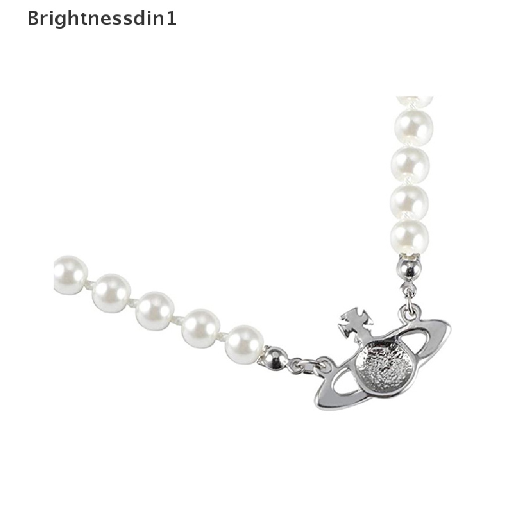 [Brightnessdin1] 1 Pc Gold Silver Saturn Pearl Necklace Pearl Beaded Kristal Berlian Imitasi Kalung Butik