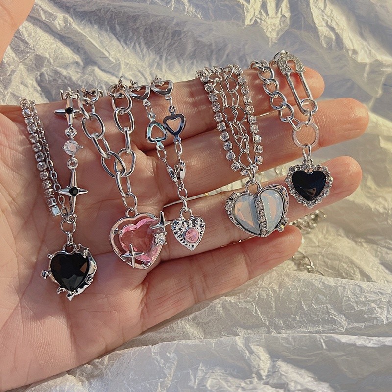 Fashion Hati Liontin Kalung Merah Muda Kristal Gadis Manis Keren Klavikula Rantai Moonstone Kalung Aesthetic Y2K Aksesoris Perhiasan