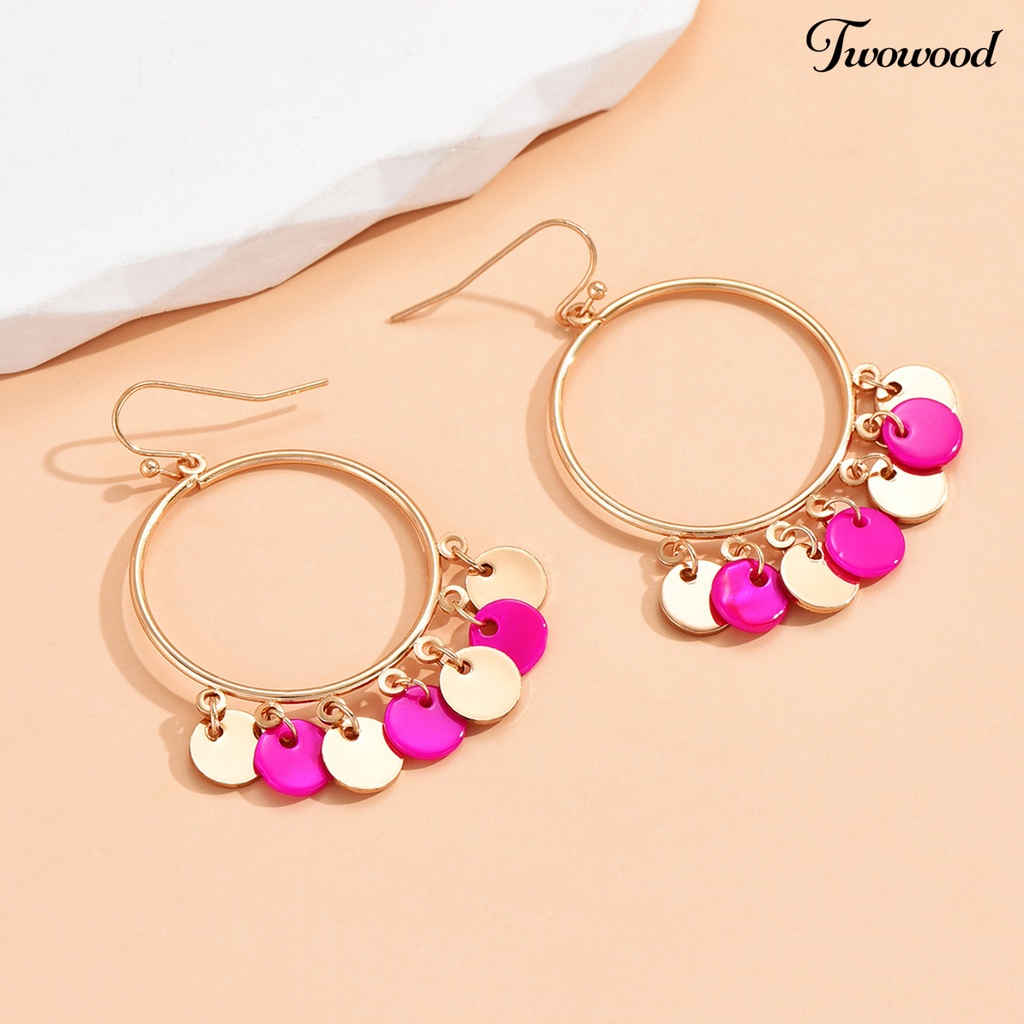 Twowood 1pasang Anting Kait Berlebihan Cincin Besar Kepribadian Geometris Hadiah Emas Alloy Bicolor Bulat Liontin Drop Earrings Fashion Perhiasan