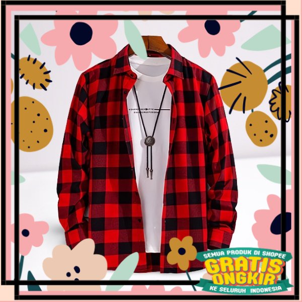 Kemeja Kotak Cowok - Hem Flanel Pria Lengan Panjang - Kemeja Flanel Merah Pria - Baju Kotak - Kemeja