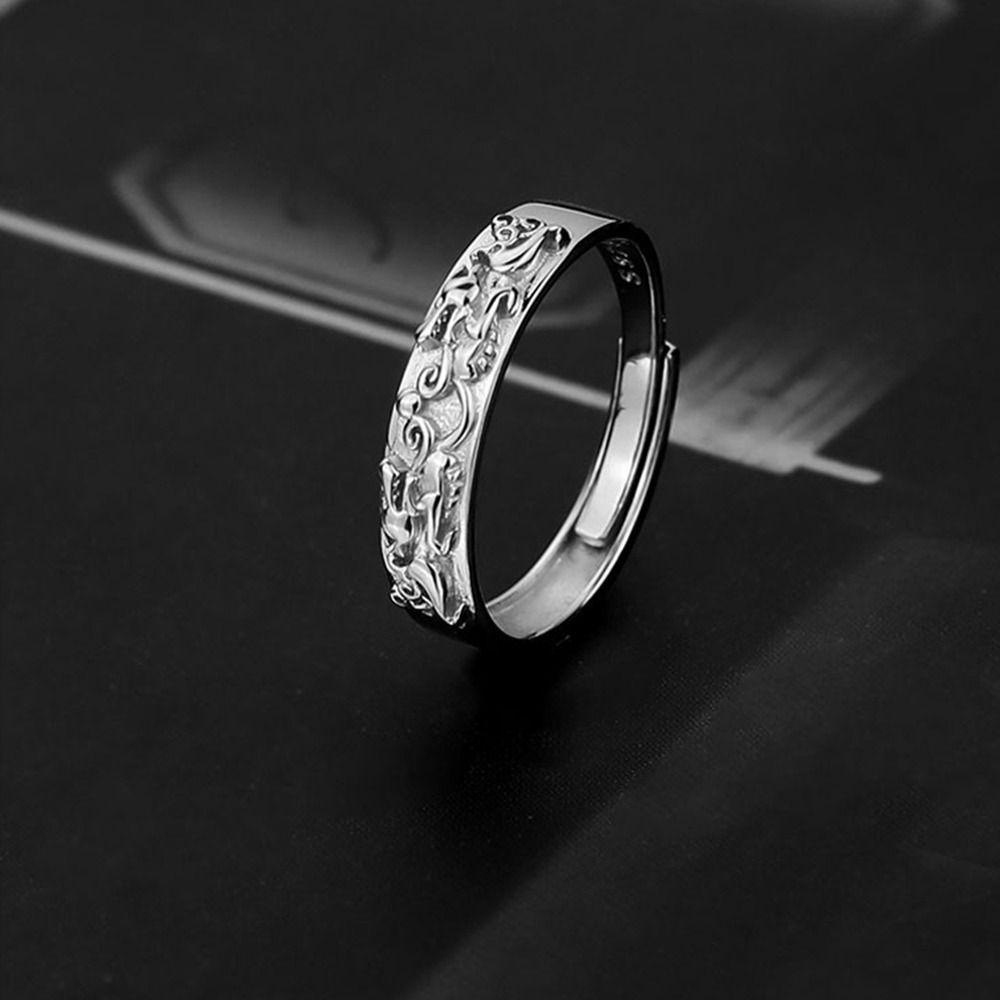 MXBEAUTY Pria Pixiu Cincin Keren Indah Retro Mitos Hewan Liar Niche Desain Hewan Totem Jari Telunjuk Cincin Pembukaan Cincin Gaya Cina Cincin